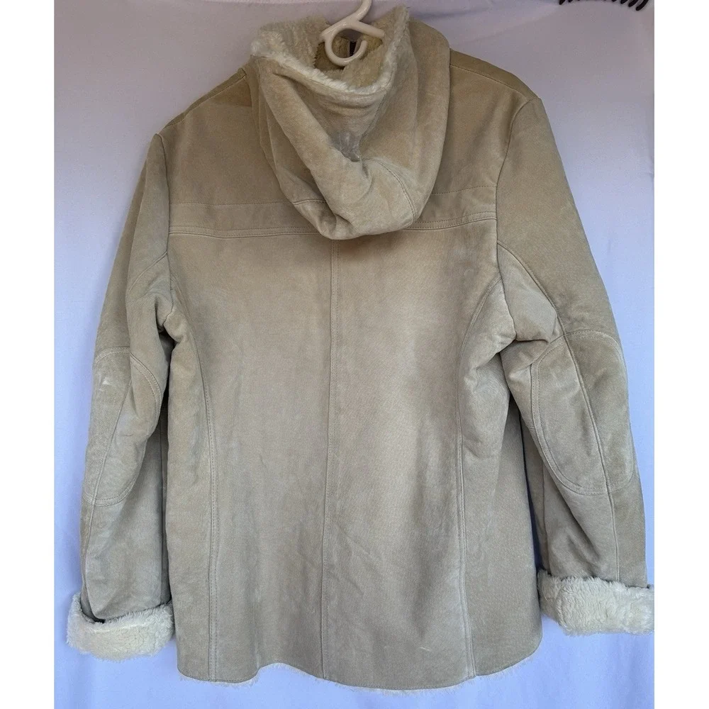 Jones NY Womens Penny Lane Suede Faux Fur Lined Coat Size L Hood Zip Tan *flaws